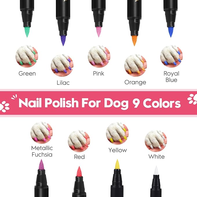 Dog Nail Polish Pens Quick Dry - 9 Colors Pet Nail Polish Set for Dogs, Safe Easy Application Fast Dry Girl Doggy - Great Puppy Nail Pawlish Set