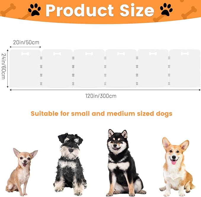 Acrylic Dog Playpen for House 6 Panels 120" W x 24" H Preassemble Foldable Clear Dog Gate Indoor with Handles, Free-Standing Pet Fence for Doorways Dog Pen for Medium Dogs Puppy Cat Rabbit