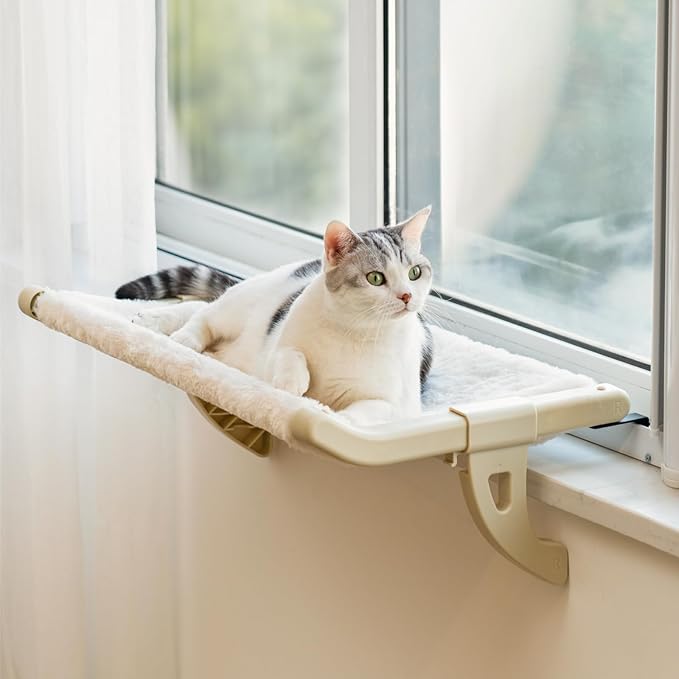 MEWOOFUN Cat Window Sill Perch for Indoor Cats, One-Step Sliding Clamping Slot Adjustment Cat Window Hammock with Removable Covers, Cat Bed for Windowsill & Bedside (Beige, Medium)
