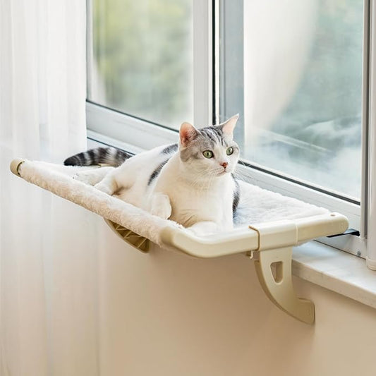 MEWOOFUN Cat Window Sill Perch for Indoor Cats, One-Step Sliding Clamping Slot Adjustment Cat Window Hammock with Removable Covers, Cat Bed for Windowsill & Bedside (Beige, Medium)