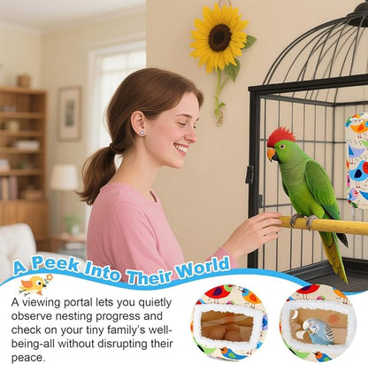 Cotton Bird Bed & Hammock for Cage - Winter Snuggle Nest with Entry Hole, Observation Window & Screw/Chain Mounting for Parakeets, Cockatiels