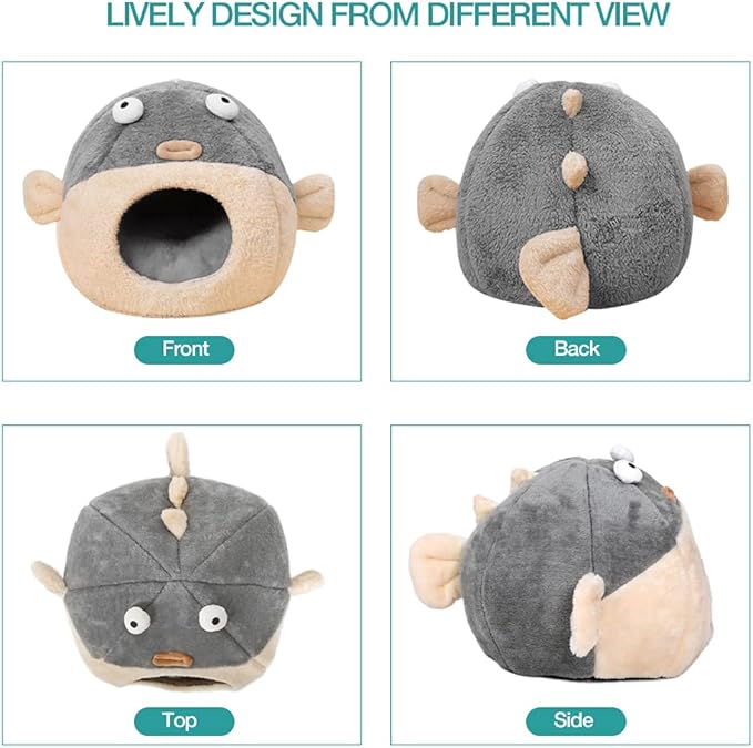 Cat Beds for Indoor Cats - Cat Bed Cave with Removable Washable Cushioned Pillow,2 in 1 Super Soft cat Tent for Kitten and Small Cats, Lively Pufferfish Animal-Shape & Furniture, Grey Multiple Sizes