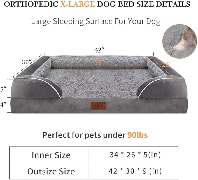 Cooling Dog Bed, Orthopedic Memory Foam Dog Bed, Dog Beds for Extra Large Dogs, XL Dog Bed with Removable Cover, Waterproof Pet Bed Large with Bolster(X-Large,Silver Grey)