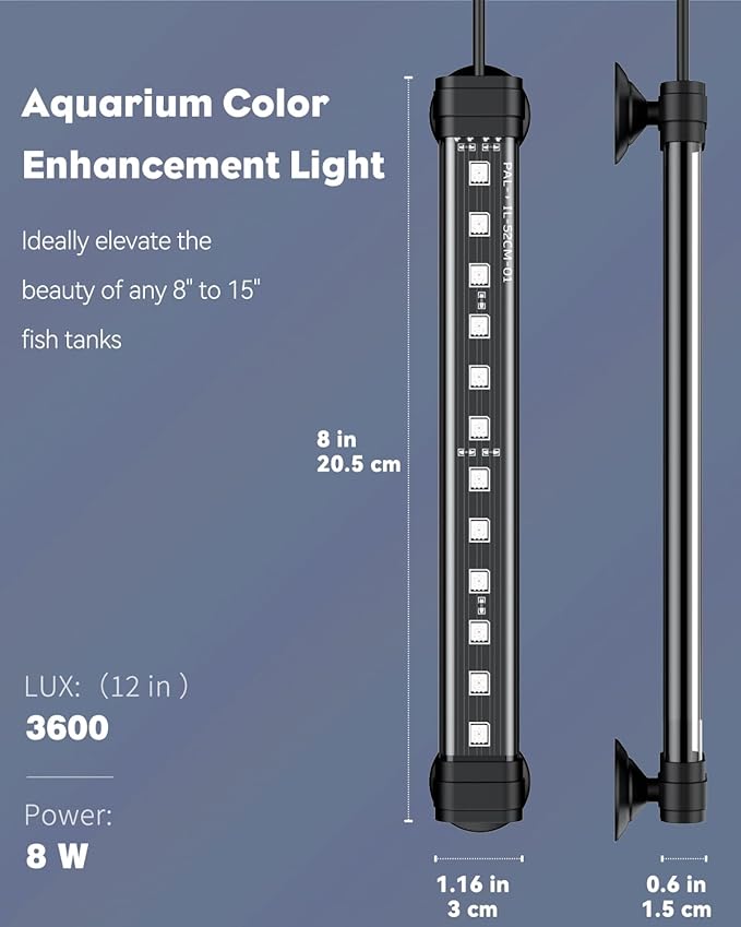 Pawfly 8 Inch 8 W Aquarium Color Enhancement Light for 8" to 15" Fish Tanks, IPX8 Waterproof Aquarium Enhancing LED Light, Brilliant RGB Lights with 7 Single Effects Timer & Adjustable Brightness