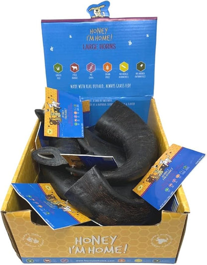 Honey I'm Home, Large Buffalo Horn Hard Dog Chew, 10 Piece Bulk Box - All Natural, Free Range, Healthy, Grain Free & Honey Coated