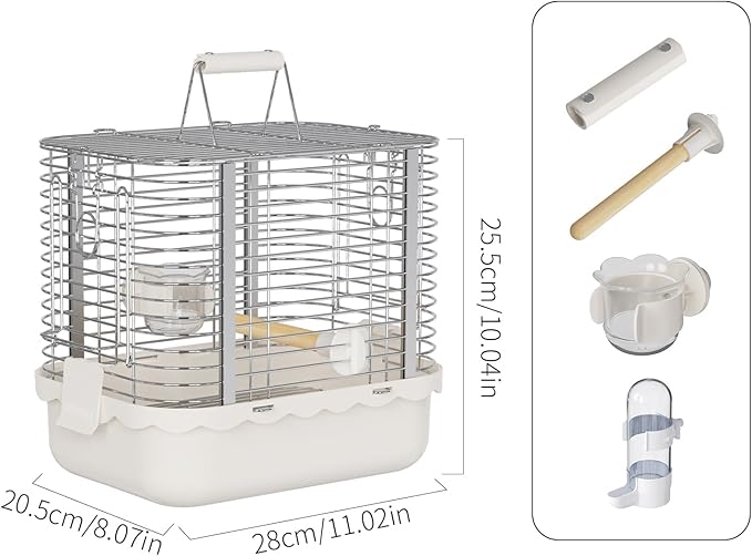 Bird Carrier Travel Cage, Durable Portable Stainless Steel Birdcage with Bird Perch & Feeding Bowl for Parrots Canaries Budgies Lovebirds Conures Cockatiels (Small White)