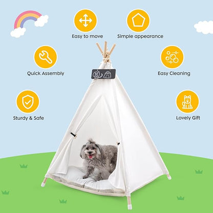 Pet Teepee Tent for Large Dogs with Thick Cushion/Bed, Portable Dog House, Puppy Teepee for Cats Dogs Rabbits (Large Size)