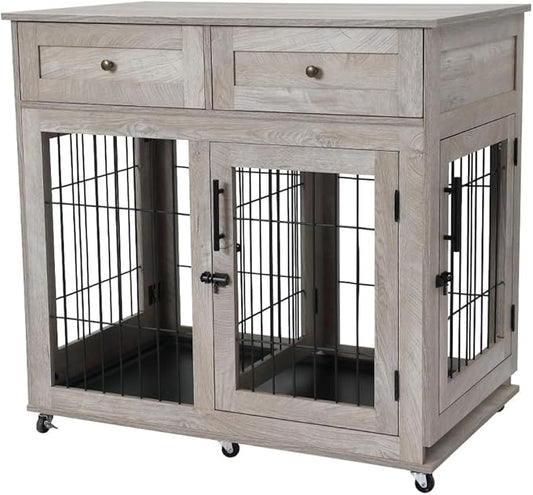 Dog Crate Furniture, Wooden Dog Kennel with Room Divider and Tray, Double Rooms Dog Cage, Wooden Dog Crate Table with 2 Drawers End Table