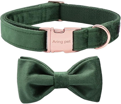ARING PET Dog Collars with Bowtie-Velvet Dog Bow tie Collar, Adjustable Dark Green Dog Collar