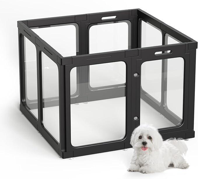 Acrylic Dog Playpen Indoor, 8 PCS Plastic Puppy Playpen with Door, Clear PlayPen for Dog Cat Rabbit Ferret, Easy Assemble Pen, Preferable Small Cage, Black, 33.5" L x 33.5" W x 24" H