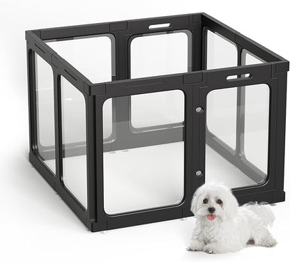 Acrylic Dog Playpen Indoor, 8 PCS Plastic Puppy Playpen with Door, Clear PlayPen for Dog Cat Rabbit Ferret, Easy Assemble Pen, Preferable Small Cage, Black, 33.5" L x 33.5" W x 24" H