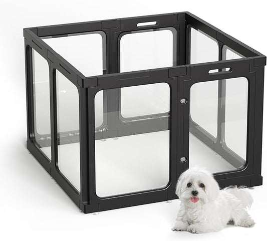 Acrylic Dog Playpen Indoor, 8 PCS Plastic Puppy Playpen with Door, Clear PlayPen for Dog Cat Rabbit Ferret, Easy Assemble Pen, Preferable Small Cage, Black, 33.5" L x 33.5" W x 24" H