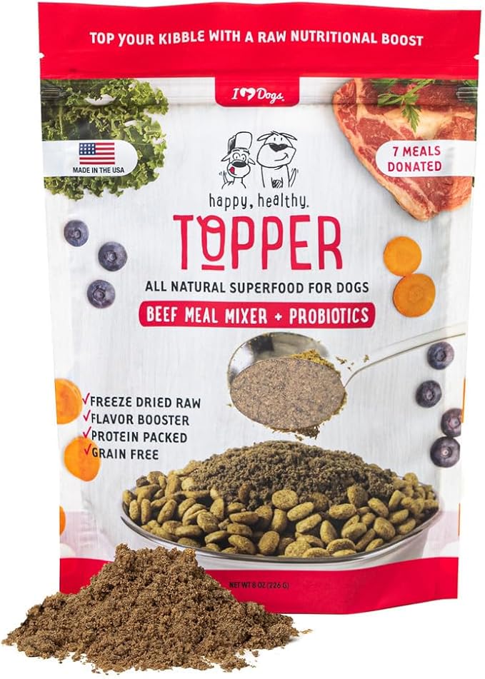 iHeartDogs Dog Food Topper - Freeze-Dried Raw Dog Food Seasoning - Grain Free Superfood Meal Mixer (Beef, 8 Ounce)
