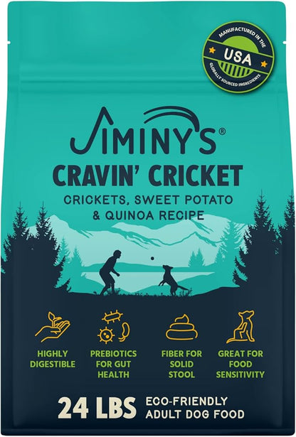 Jiminy's Cravin' Cricket Dry Dog Food, Sensitive Stomach, Improved Gut Health, Probiotic & Prebiotic, Hypoallergenic, Lower Carbon Footprint, Made in USA, 24lb Bag (Pack of 1)