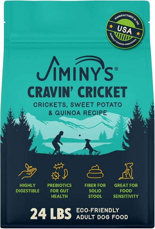 Jiminy's Cravin' Cricket Dry Dog Food, Sensitive Stomach, Improved Gut Health, Probiotic & Prebiotic, Hypoallergenic, Lower Carbon Footprint, Made in USA, 24lb Bag (Pack of 1)