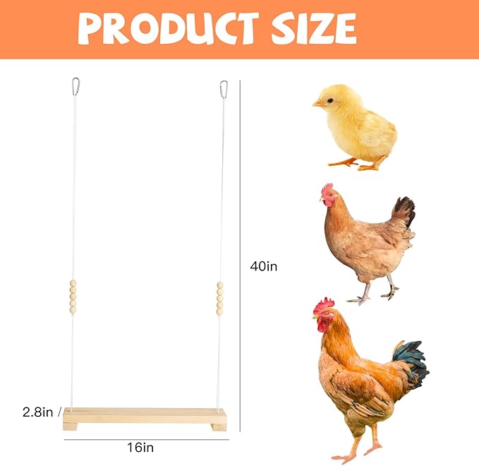 40cm Natural Wooden Chicken Swing Perch with Iron Monkey Decoration & Adurable Rope - Safe Poultry Toy for Hens, Birds with Wooden Beads & Durable Design