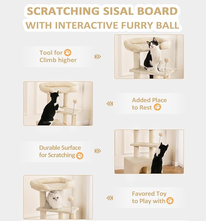 Made4Pets Cat Tree, Small Cat Tower for Indoors Cats, Cute Wood Kitty Condo with Scratching Post and Pad, 29" Multi-Level Modern Activity Climbing Furniture for Small and Medium Cats, Beige