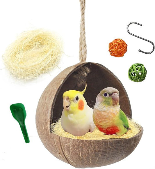 kathson Natural Coconut Shell Bird Nest,Hanging Coconut for Birds Parakeet Coconut Hut Coco Shell Bird House Cage Accessories Decoration for Parrots Lovebird Parakeets Finch Canary