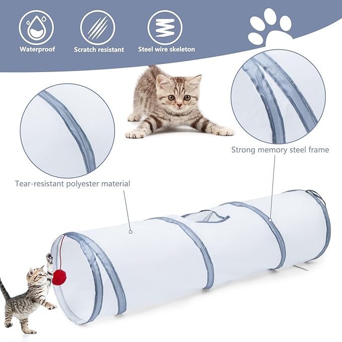 Sheldamy Cat Tunnel, 2-Way Cat Tunnels for Indoor Cats, Collapsible Cat Play Tunnel, Interactive Toy Maze Cat House with 1 Play Ball for Cats, Puppy, Kitty, Kitten, Rabbit (White & Grey)