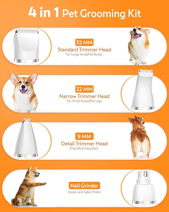Dogs Hair Clippers Grooming Kit with Nail Grinder, 4 in 1 Cordless Electric Trimmer for Dogs Cat Low Noise USB Rechargeable, Pet Clippers Grooming Paws, Eyes, Ears, Face,Nail, Matted Hair