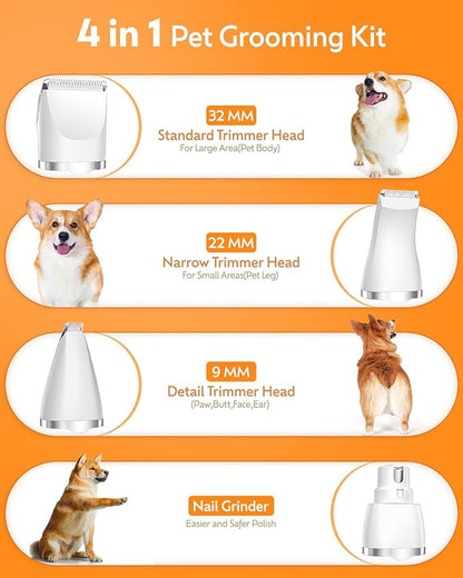 Dogs Hair Clippers Grooming Kit with Nail Grinder, 4 in 1 Cordless Electric Trimmer for Dogs Cat Low Noise USB Rechargeable, Pet Clippers Grooming Paws, Eyes, Ears, Face,Nail, Matted Hair