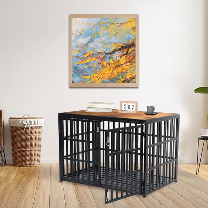 40" Dog Crate Furniture, Wooden Pet Crate End Table Decorative Dog Kennel Furniture, Heavy Duty Dog Cage for Large and Medium Dogs, Three Doors with Double Protection Lockes, Rustic Brown