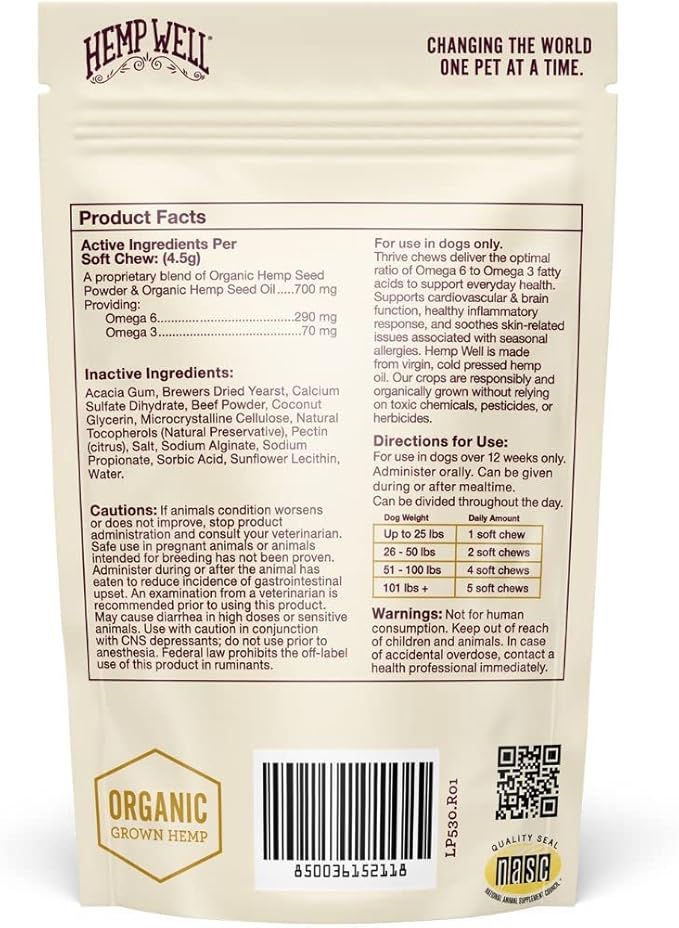 Hemp Well Thrive Chews for Dogs  Supports Healthy, Skin, Hip, Joint, and Heart Health, Promotes Immune Support, Fights Seasonal Allergies, Organically Sourced  30 Count