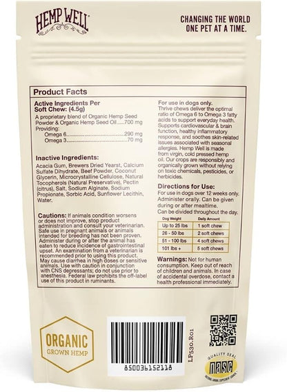 Hemp Well Thrive Chews for Dogs  Supports Healthy, Skin, Hip, Joint, and Heart Health, Promotes Immune Support, Fights Seasonal Allergies, Organically Sourced  30 Count