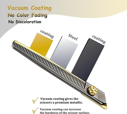 7'' Black & Gold Dog Grooming Scissors Set with Comb Curved Thinning Chunker Straight Shears 4PCS in Scissors Bag 440C Stainless Steel Sharp and Durable for Groomers and Beginners.