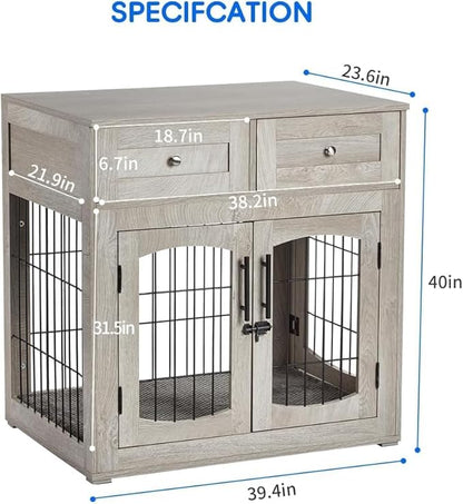 Dog Crate Furniture with 3 Doors,39.4" Large Dog Crate with 2 Drawer & Cushion,Wooden Dog House Kennel for Medium/Large Dog (39.4" L_23.6" W_40" H)