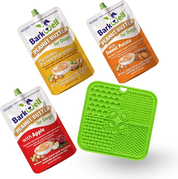 Peanut Butter Squeeze - All-Natural Dog Peanut Butter Dog Treat 3 Pack (24 oz) Sourced and Made in The USA Plus Free Lick Mat. Peanut Butter, Sweet Potato and Apple. 100% Natural