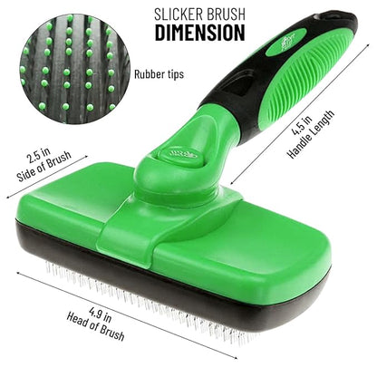 Self Cleaning Slicker Brush for Cat and Dog Coat - Detangler Dog Brush for Shedding & Grooming - Super Easy to Clean Deshedding Grooming Tool Removes Loose Pet Hair, Mats and Tangles (Green)