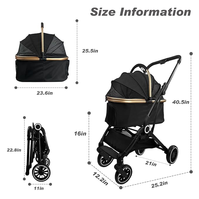 3 in 1 Folding Pet Stroller, Detachable Folding Medium and Small Pet Dog Cat Strollers with Storage Bins and Cup Holders Carbon Steel Frame 4-Wheel Pet Travel Stroller (Black)