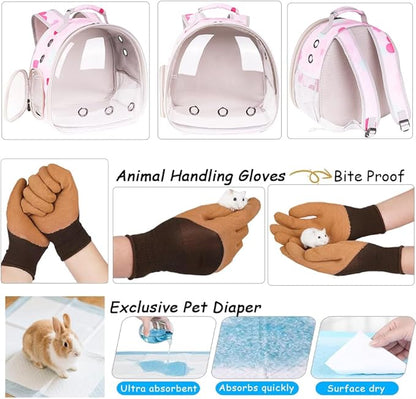 Portable Small Animal Backpack with Pink Flower Printing, Space Capsule Bubble Pet Carrier Cage Travel for Guinea Pig, Rabbit, Hamster, Bird, Bearded Dragon, Sugar Glider, Squirrel, Tortoise, Lizard