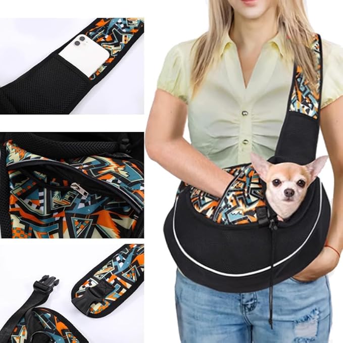 Dog Sling Carrier - Reversible Puppy Carrier Purse with Storage Pocket,Hand Free Adjust Mesh Safe Sling Bag for Cat Kitty,Crossbody Satchel Dog for Outdoor Travel Harness for Pet