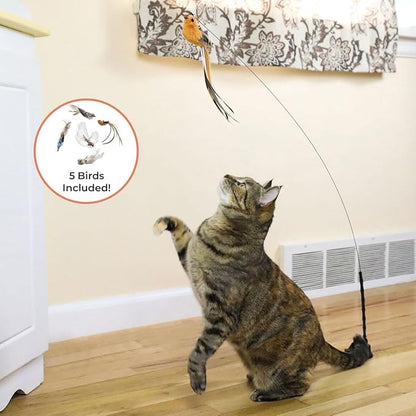 Interactive Bird Simulation Cat Toy Set, Interactive Cat Toys for Indoor Cats, Cat Feather Toy, Self-Holding Suction Base, 5 Replacement Birds, Feathers & Bells (Standard Hybrid Bundle)