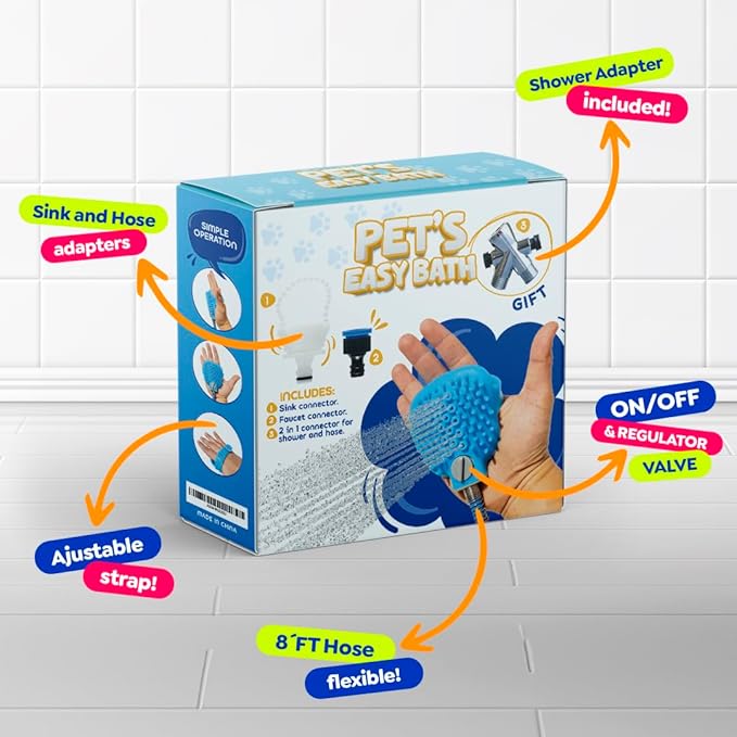 Dog Shower Attachment - Kit Pet Washing - Hose Grooming Brush - Scrubber for Bath - Cats and Dogs Bathing Supplies, Easy Installation, With Water Diverter and Sprayer, Metal Reinforcement