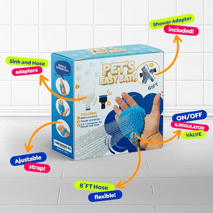 Dog Shower Attachment - Kit Pet Washing - Hose Grooming Brush - Scrubber for Bath - Cats and Dogs Bathing Supplies, Easy Installation, With Water Diverter and Sprayer, Metal Reinforcement
