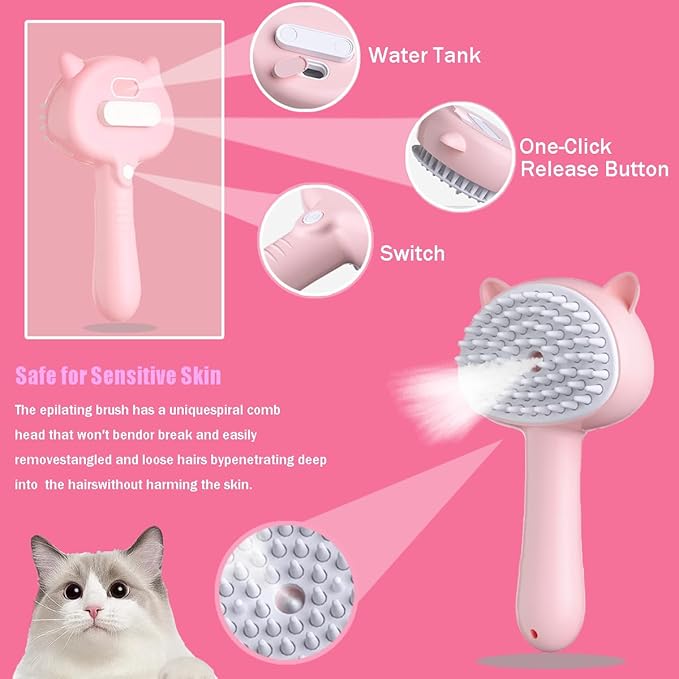 Cat Steam Brush, 3 in 1 Steamy Cat Brush for Shedding, Pets Spary Brush With Release Buttom, Self-Cleaning Cats Dogs Hair Grooming Comb, Pets Steamy Brush With Water Tank, Pink