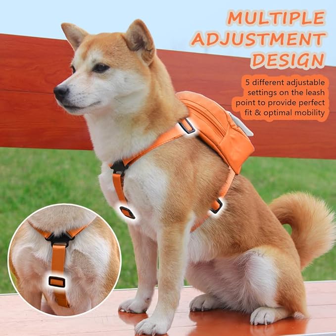 Dog Backpack Harness with Leash,Cute Pet Puppy Backpacks Bulid-in Dog Poop Bag Dispenser,Adjustable Pets Self Carrier Bag for Small Medium Dogs Travel Hiking Daily Walking(S, Orange)