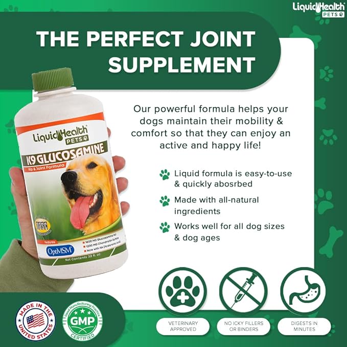 LIQUIDHEALTH Pets K9 Liquid Glucosamine for Dogs, Puppies, Senior Canines with Chondroitin, MSM, Hyaluronic Acid - Dog Vitamins for Hip Joint Health, Dog Joint Oil, Joint Juice - Made in USA (3 Pack)