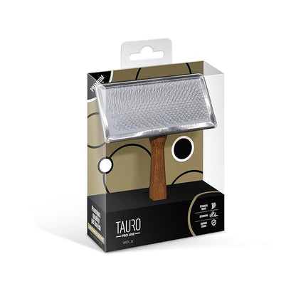 TAURO PRO LINE Wooden Dog Brush for Shedding Long and Short Hair, Wooden Soft Slicker for Grooming Haired Dogs and Cats, Metal Teeth And Sleek Design, 5,31 x 4,72 inch, L, Brown