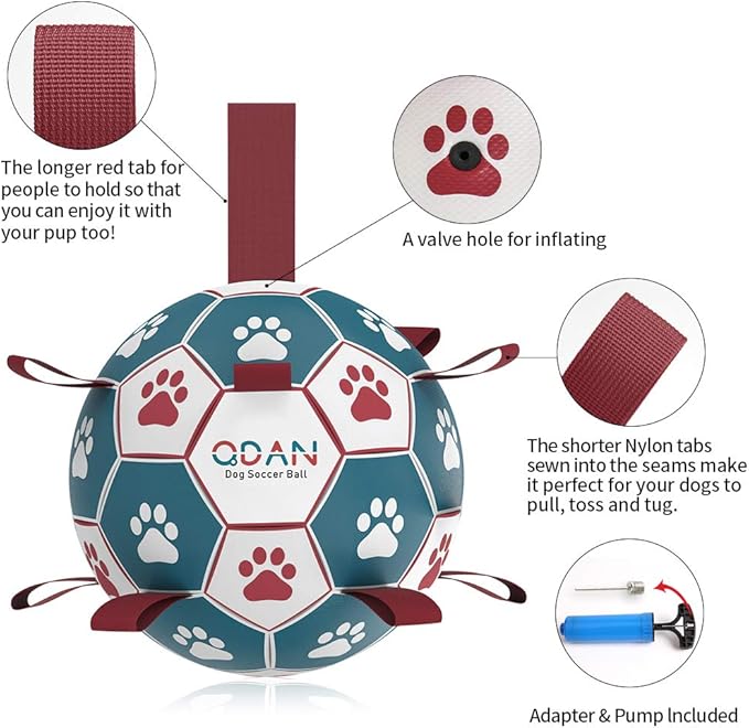 QDAN Dog Toys Soccer Ball with Straps, Interactive Toys for Tug of War, Puppy Birthday Toy, Dog Water Toy, Dog Balls for Small Medium Dog (6 Inch)