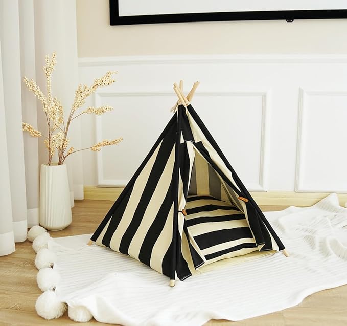 Solid Wood Cat Tent Indoor with Thick Mat,Portable Dog House Dog Teepee Tent,Cute Cat Teepee Cave, Cat Bed,Dog Bed Tent,Puppy Bed Tent,Bunny Tent,Pet Tent Teepee