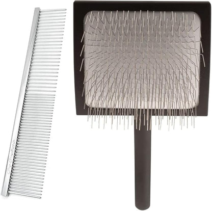 Chris Christensen Groomers Bundle - 000 7.5 in. Greyhound Style Fine/Coarse Buttercomb, Stainless Steel - Big K Slicker Dog Brush Large, Perfect for Doodles, Angled Polished Pins