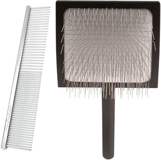 Chris Christensen Groomers Bundle - 000 7.5 in. Greyhound Style Fine/Coarse Buttercomb, Stainless Steel - Big K Slicker Dog Brush Large, Perfect for Doodles, Angled Polished Pins