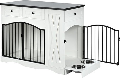 Ball & Cast 43.3" 2-in-1 Dog Crate Furniture,Modern Indoor Kennel with 2 Drawers&Storage Shelves,Double Doors&Double Locks Design for 41-70 lbs Dogs,Living Room,Kitchen,Entryway Side Table,White