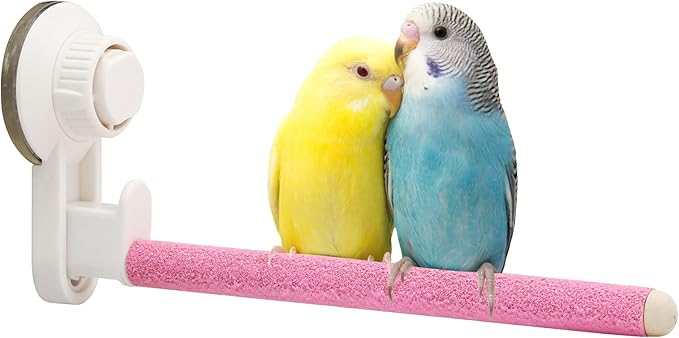 Suction Cup Bird Perch,Wooden Parrot Window/Mirror/Car/Travel/Shower Perches Stand Quartz Portable Parakeet Grinding Stick Training Toys for Small and Medium Birds(Pink)