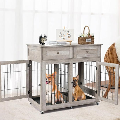 Double Dog Crate Furniture with 2 Drawers,Wooden Dog Crate End Table,2 Dogs Wooden Dog Cage Dog House for Small/Medium/Large