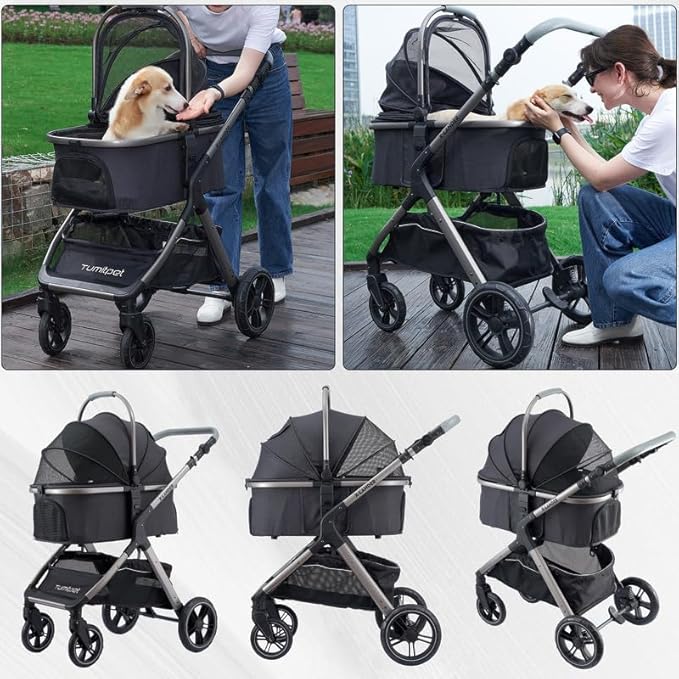 Pet Stroller for Small Medium Dogs, Cat Stroller Travel System Four Wheel Dog Stroller with Carrier, Zipperless Entry/Cup Holder/Storage Basket